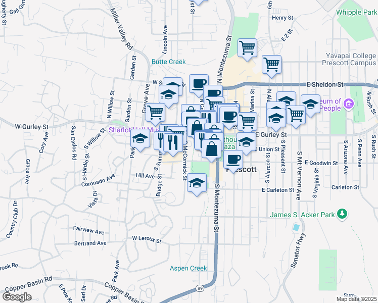 map of restaurants, bars, coffee shops, grocery stores, and more near 133 South McCormick Street in Prescott