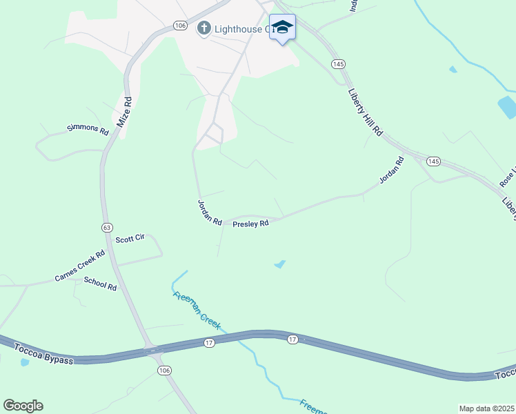 map of restaurants, bars, coffee shops, grocery stores, and more near 6104-6136 Jordan Rd in Toccoa