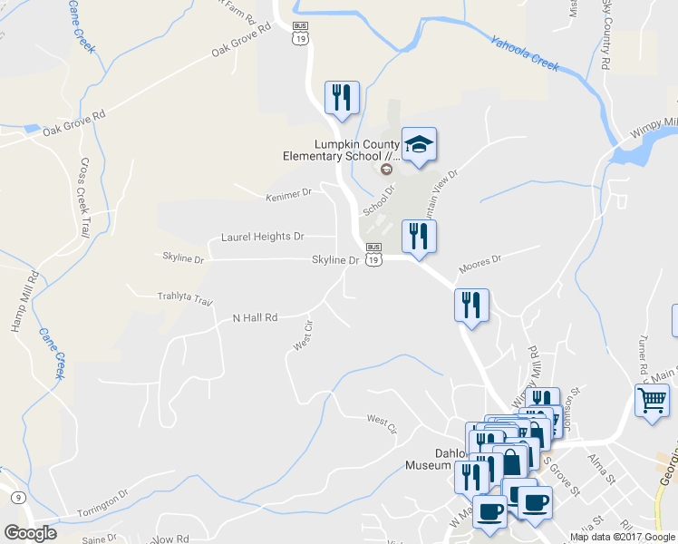 map of restaurants, bars, coffee shops, grocery stores, and more near 50 North Hall Road in Dahlonega