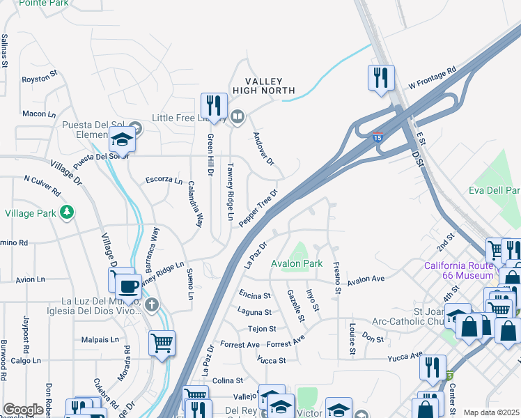 map of restaurants, bars, coffee shops, grocery stores, and more near 16297 Pepper Tree Drive in Victorville