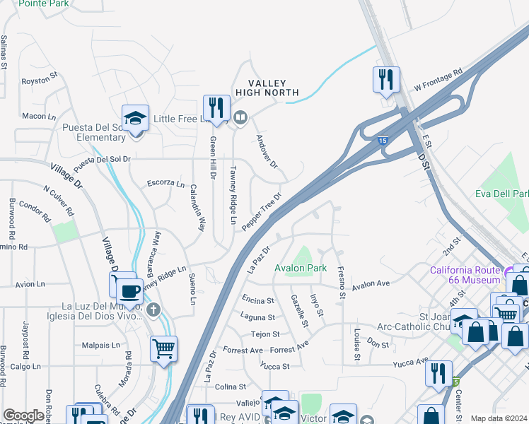 map of restaurants, bars, coffee shops, grocery stores, and more near 16299 Pepper Tree Drive in Victorville