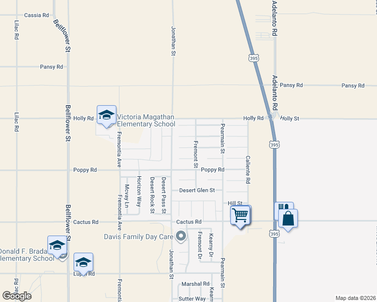 map of restaurants, bars, coffee shops, grocery stores, and more near 11752 Cloverlawn Court in Adelanto