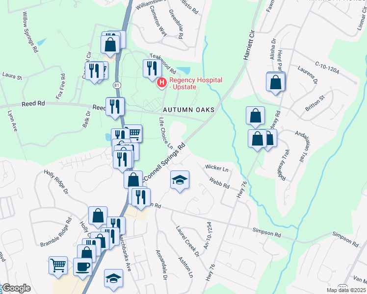 map of restaurants, bars, coffee shops, grocery stores, and more near 2020 McConnell Springs Road in Anderson