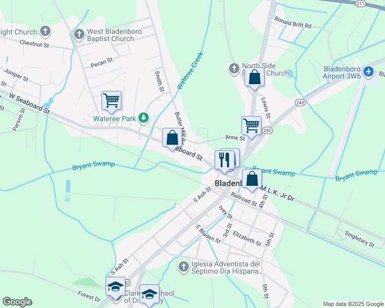 map of restaurants, bars, coffee shops, grocery stores, and more near North Carolina 211 Business in Bladenboro