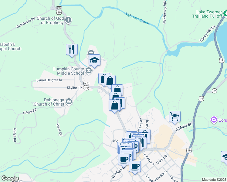 map of restaurants, bars, coffee shops, grocery stores, and more near 500-598 N Grove St in Dahlonega