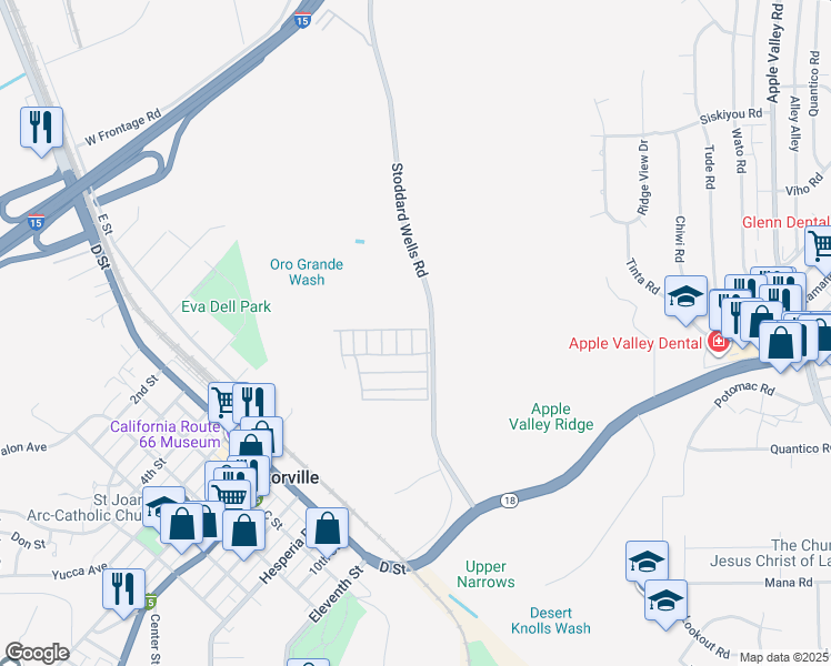 map of restaurants, bars, coffee shops, grocery stores, and more near 15940 Stoddard Wells Road in Victorville