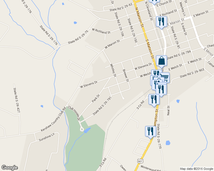 map of restaurants, bars, coffee shops, grocery stores, and more near 601 West Welsh Street in Kershaw