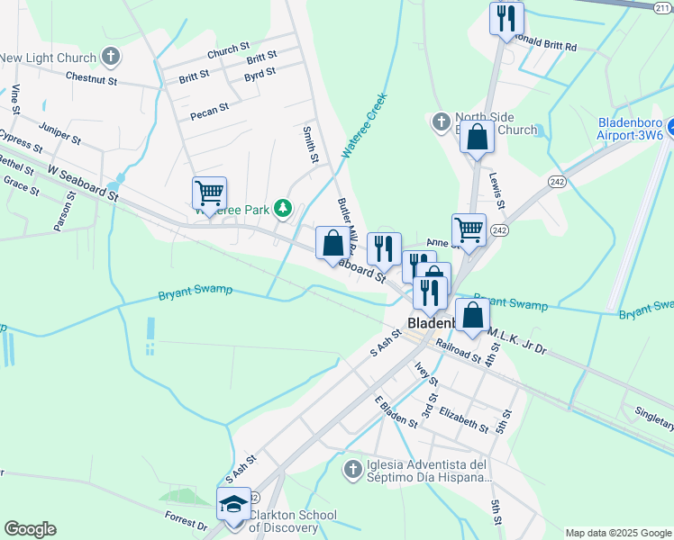 map of restaurants, bars, coffee shops, grocery stores, and more near 604 West Seaboard Street in Bladenboro