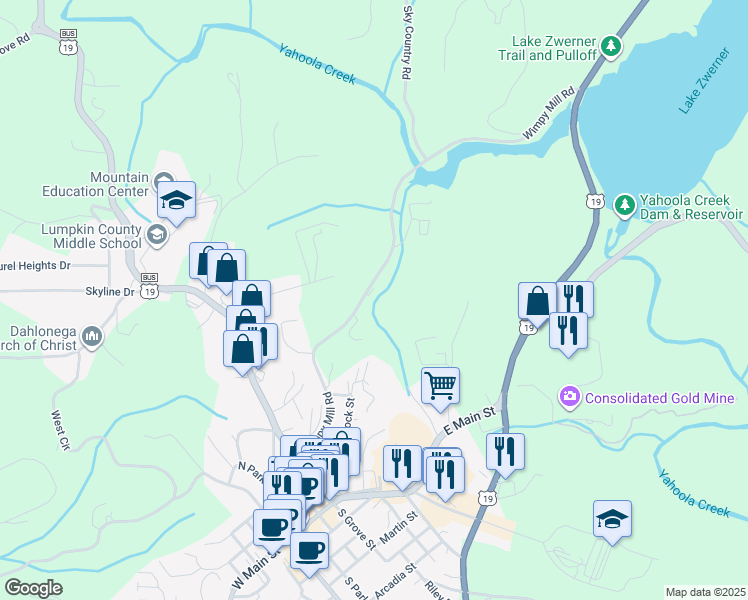 map of restaurants, bars, coffee shops, grocery stores, and more near 448 Wimpy Mill Road in Dahlonega