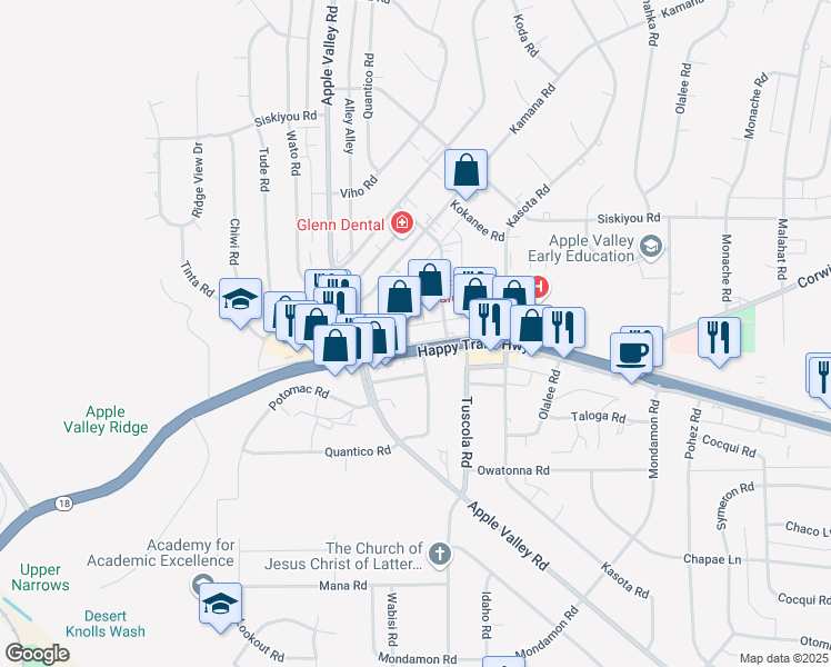map of restaurants, bars, coffee shops, grocery stores, and more near 18056 Wika Road in Apple Valley
