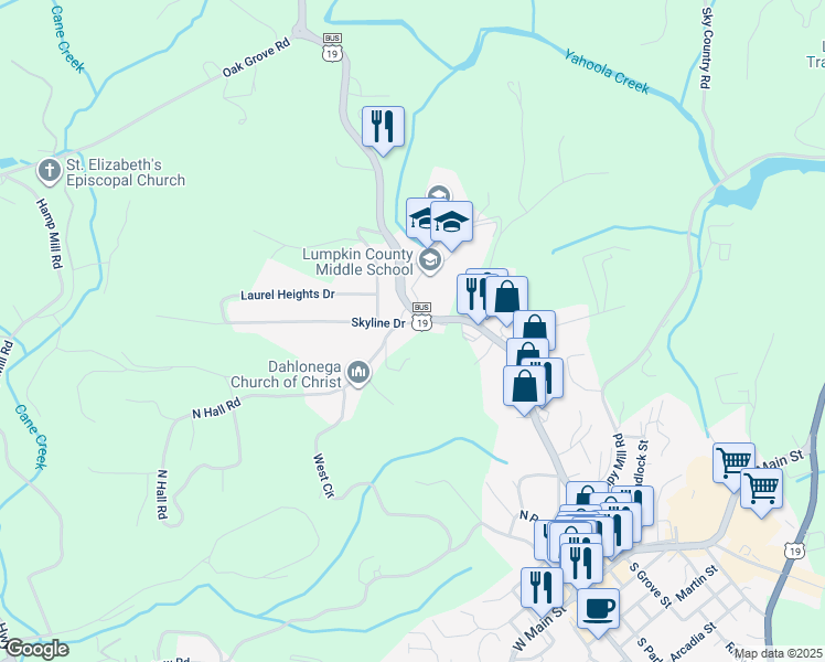 map of restaurants, bars, coffee shops, grocery stores, and more near 15 Skyline Drive in Dahlonega