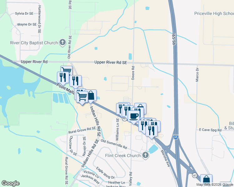 map of restaurants, bars, coffee shops, grocery stores, and more near 3423 Deere Road Southeast in Decatur