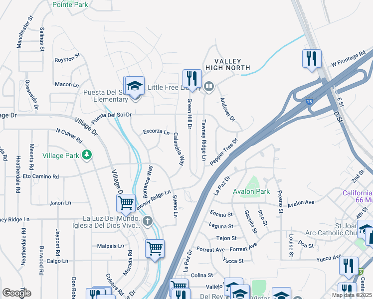 map of restaurants, bars, coffee shops, grocery stores, and more near 15960 Green Hill Drive in Victorville