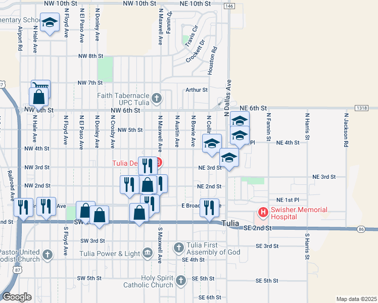 map of restaurants, bars, coffee shops, grocery stores, and more near 300-398 North Bowie Avenue in Tulia