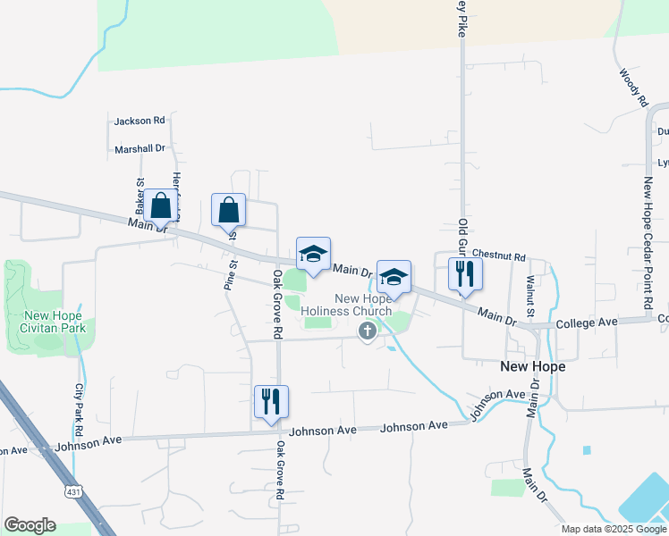 map of restaurants, bars, coffee shops, grocery stores, and more near 5216 Main Drive in New Hope