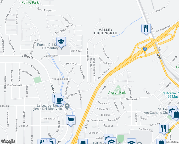 map of restaurants, bars, coffee shops, grocery stores, and more near 15961 Green Hill Drive in Victorville