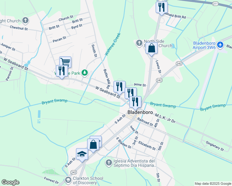 map of restaurants, bars, coffee shops, grocery stores, and more near West Seaboard Street in Bladen County
