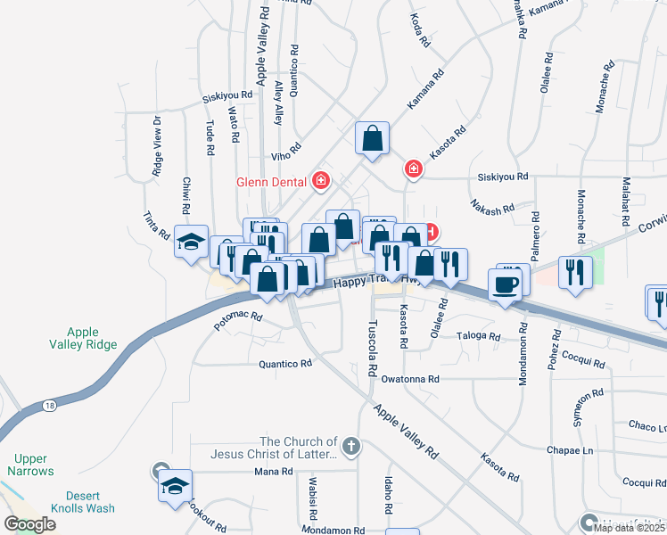 map of restaurants, bars, coffee shops, grocery stores, and more near 18056 Wika Road in Apple Valley
