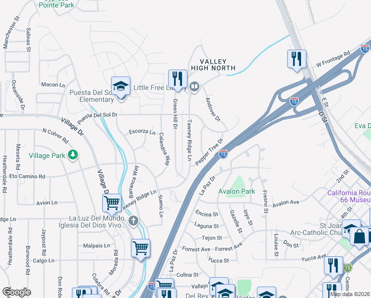 map of restaurants, bars, coffee shops, grocery stores, and more near 16140 Tawney Ridge Lane in Victorville