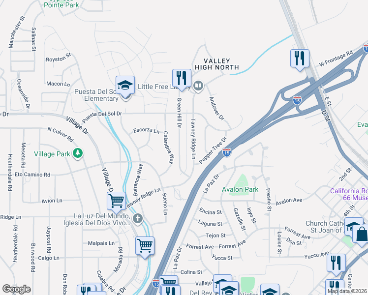 map of restaurants, bars, coffee shops, grocery stores, and more near 15961 Green Hill Drive in Victorville