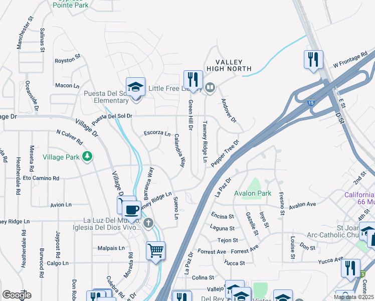 map of restaurants, bars, coffee shops, grocery stores, and more near 15960 Green Hill Drive in Victorville