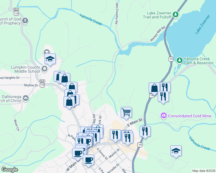 map of restaurants, bars, coffee shops, grocery stores, and more near 448 Wimpy Mill Road in Dahlonega
