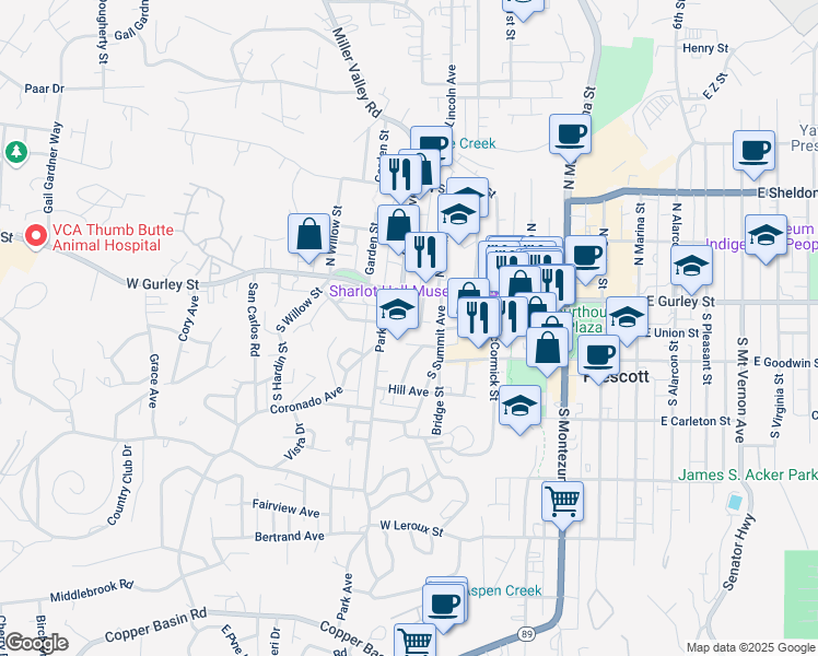 map of restaurants, bars, coffee shops, grocery stores, and more near 522 Coronado Avenue in Prescott