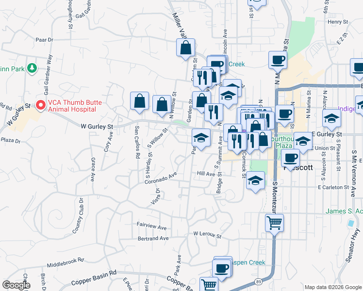 map of restaurants, bars, coffee shops, grocery stores, and more near 654 Redondo Road in Prescott
