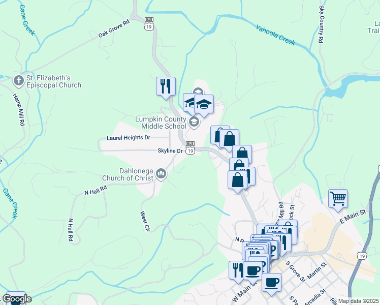 map of restaurants, bars, coffee shops, grocery stores, and more near 15 Skyline Drive in Dahlonega