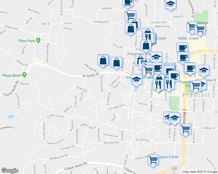 map of restaurants, bars, coffee shops, grocery stores, and more near 299 South Willow Street in Prescott