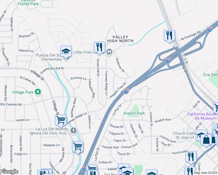 map of restaurants, bars, coffee shops, grocery stores, and more near Tawney Ridge Lane in Victorville