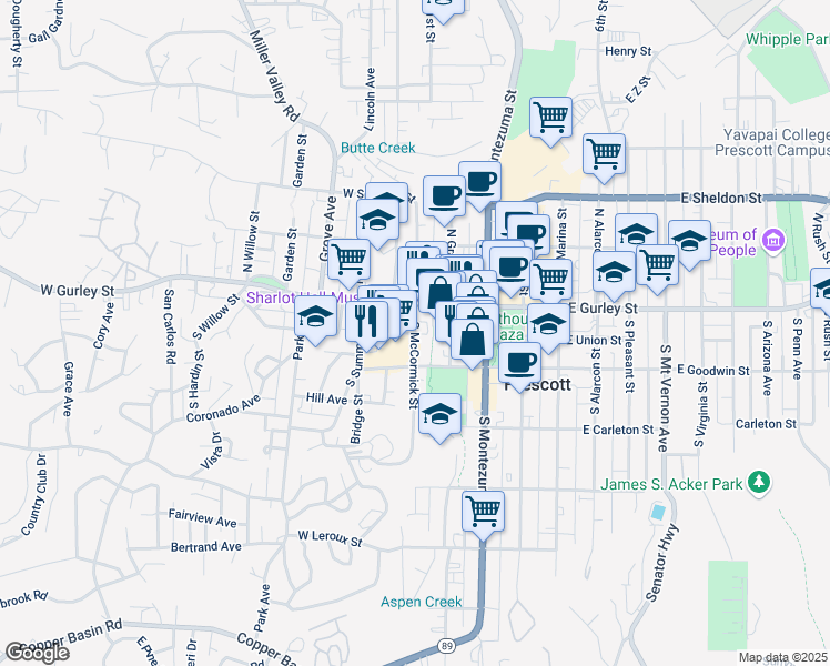 map of restaurants, bars, coffee shops, grocery stores, and more near 133 South McCormick Street in Prescott