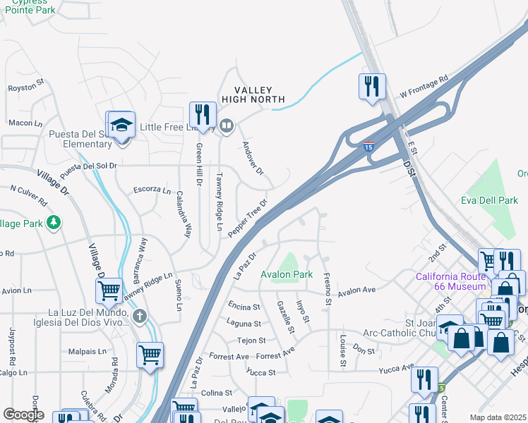 map of restaurants, bars, coffee shops, grocery stores, and more near 16297 Pepper Tree Drive in Victorville