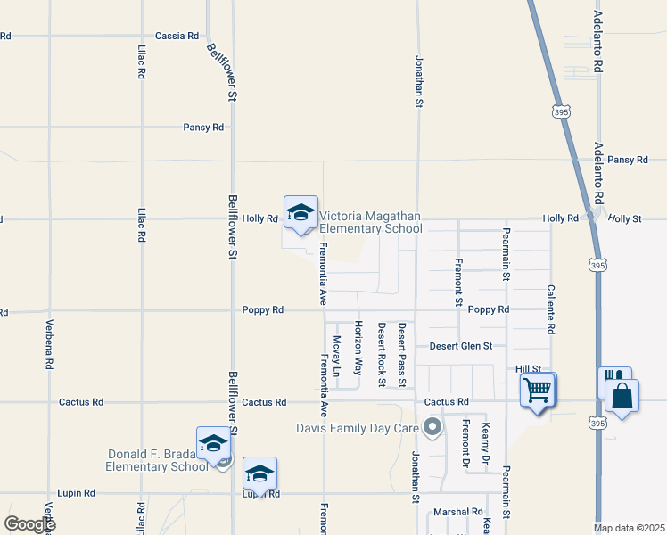 map of restaurants, bars, coffee shops, grocery stores, and more near 11438 Helena Street in Adelanto