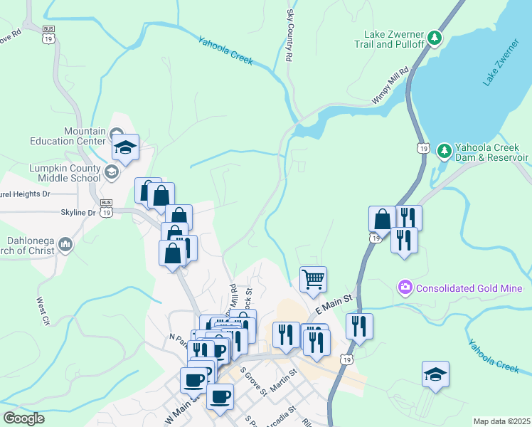 map of restaurants, bars, coffee shops, grocery stores, and more near 448 Wimpy Mill Road in Dahlonega