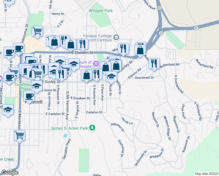 map of restaurants, bars, coffee shops, grocery stores, and more near 141 South Rush Street in Prescott