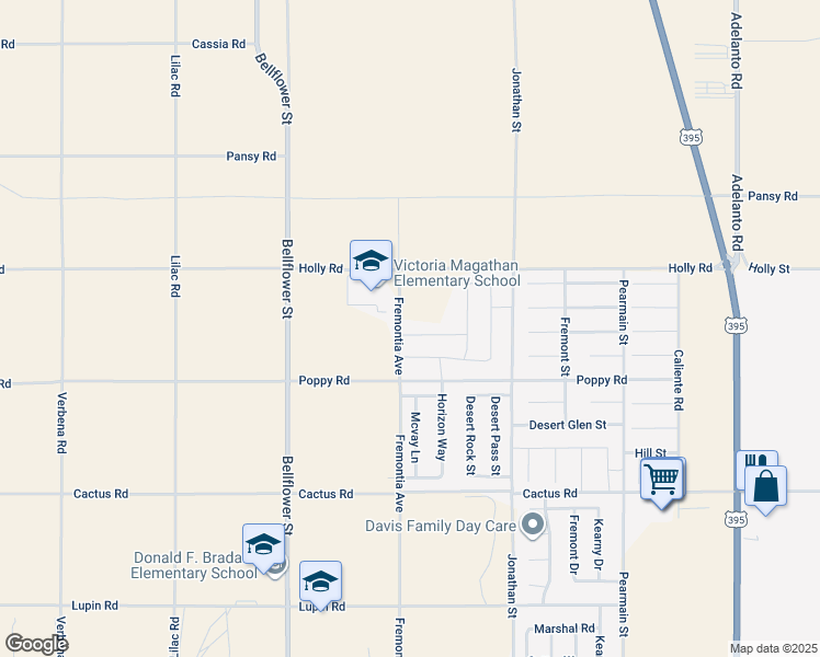 map of restaurants, bars, coffee shops, grocery stores, and more near 11438 Helena Street in Adelanto
