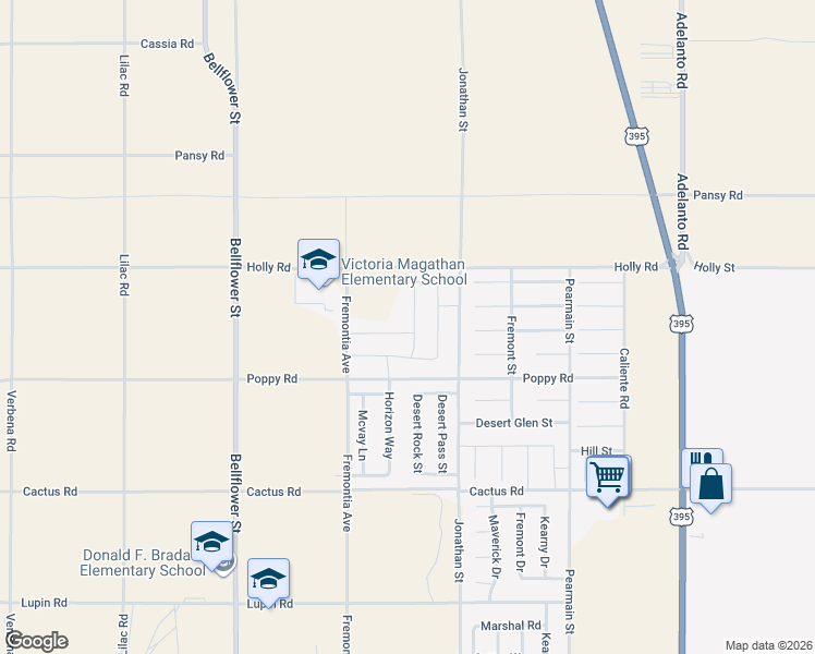 map of restaurants, bars, coffee shops, grocery stores, and more near 11458 Helena Street in Adelanto