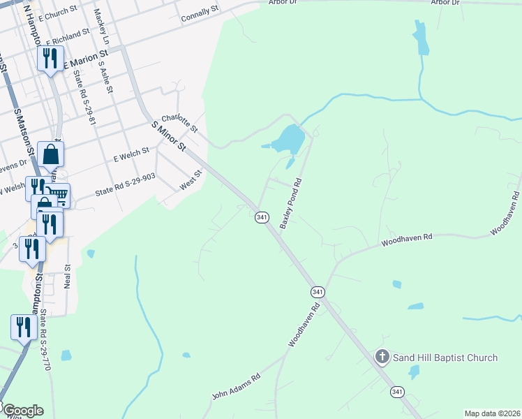 map of restaurants, bars, coffee shops, grocery stores, and more near 6620 South Carolina 341 in Kershaw