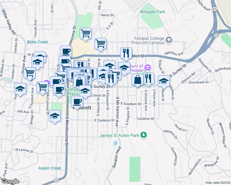 map of restaurants, bars, coffee shops, grocery stores, and more near 116 South Mount Vernon Avenue in Prescott