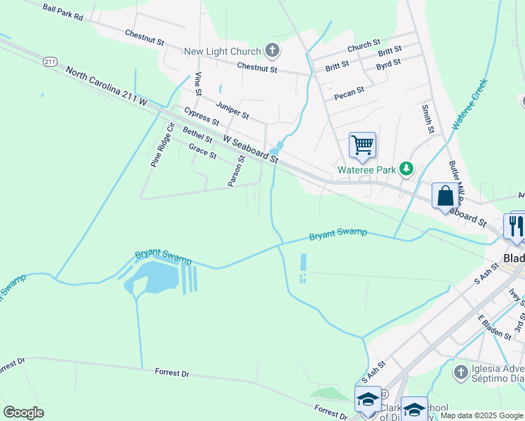 map of restaurants, bars, coffee shops, grocery stores, and more near 47 Oak Street in Bladenboro