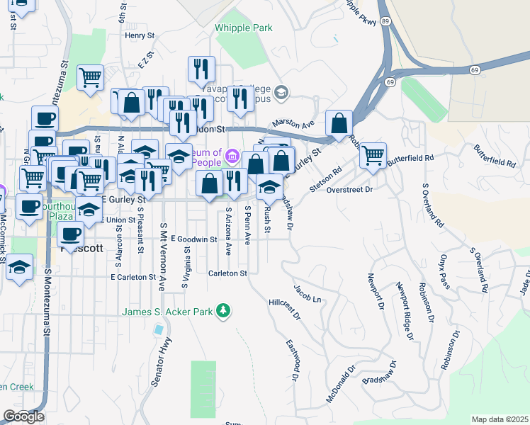 map of restaurants, bars, coffee shops, grocery stores, and more near 141 South Rush Street in Prescott