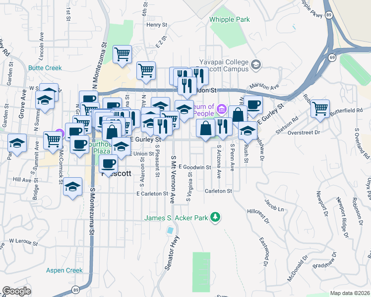 map of restaurants, bars, coffee shops, grocery stores, and more near 137 South Mount Vernon Avenue in Prescott
