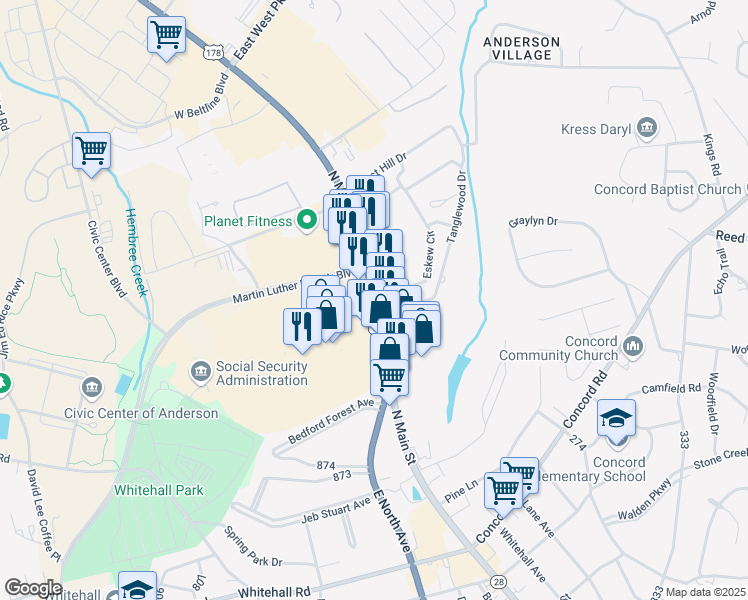map of restaurants, bars, coffee shops, grocery stores, and more near 3187 North Main Street in Anderson