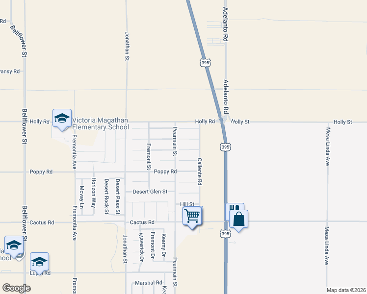 map of restaurants, bars, coffee shops, grocery stores, and more near 11910 Cove Court in Adelanto
