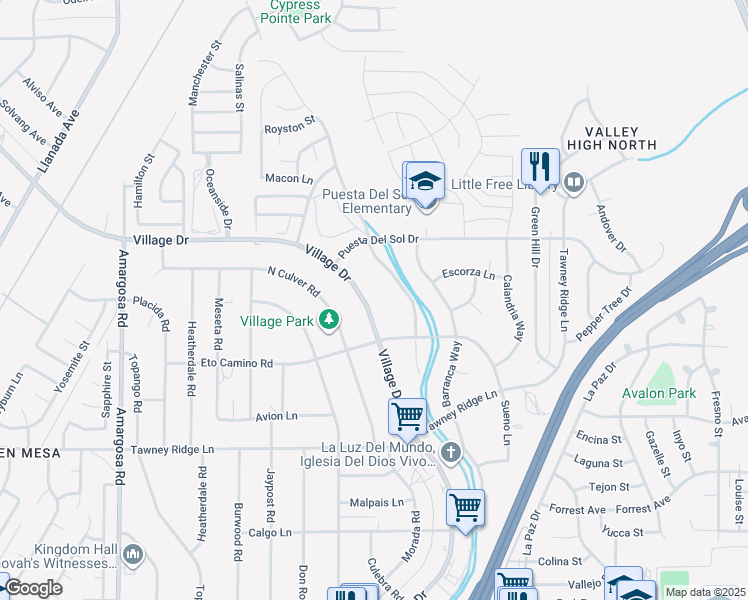 map of restaurants, bars, coffee shops, grocery stores, and more near 15975 Village Drive in Victorville