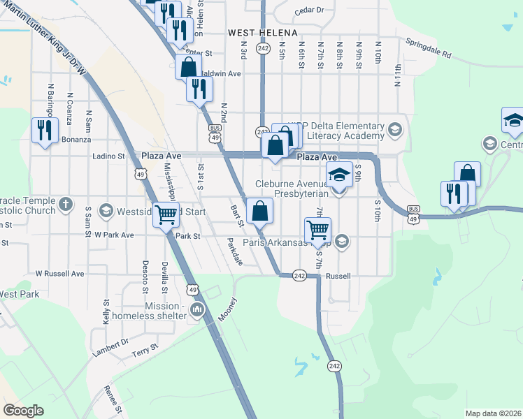 map of restaurants, bars, coffee shops, grocery stores, and more near 244 Bart Street in Helena-West Helena