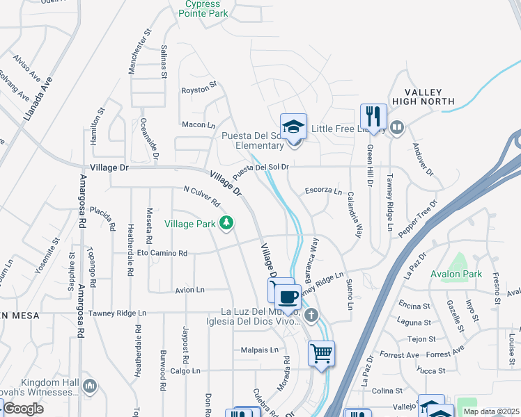 map of restaurants, bars, coffee shops, grocery stores, and more near 15975 Village Drive in Victorville