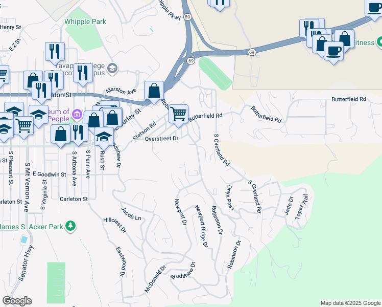 map of restaurants, bars, coffee shops, grocery stores, and more near 1305a Moore Place in Prescott