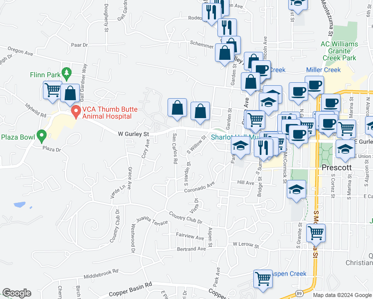 map of restaurants, bars, coffee shops, grocery stores, and more near 111 San Carlos Road in Prescott